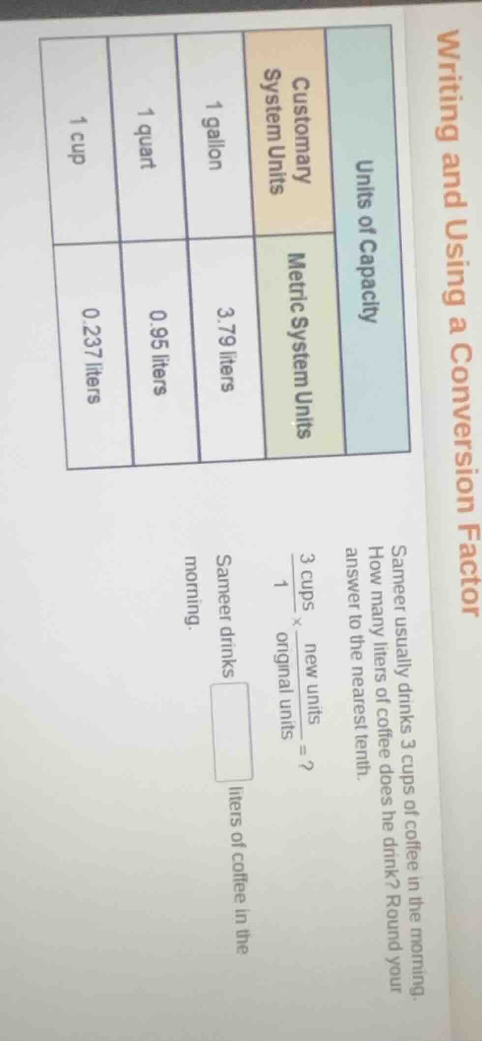 writing and using a conversion factor units of capacity customary syste…