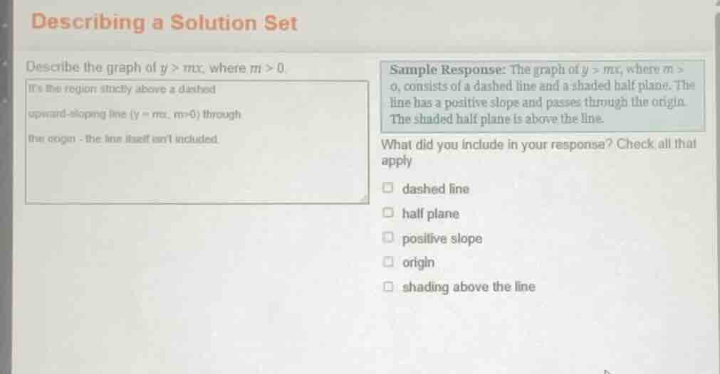 describing a solution set describe the graph of ( y > mx ), where ( m >…