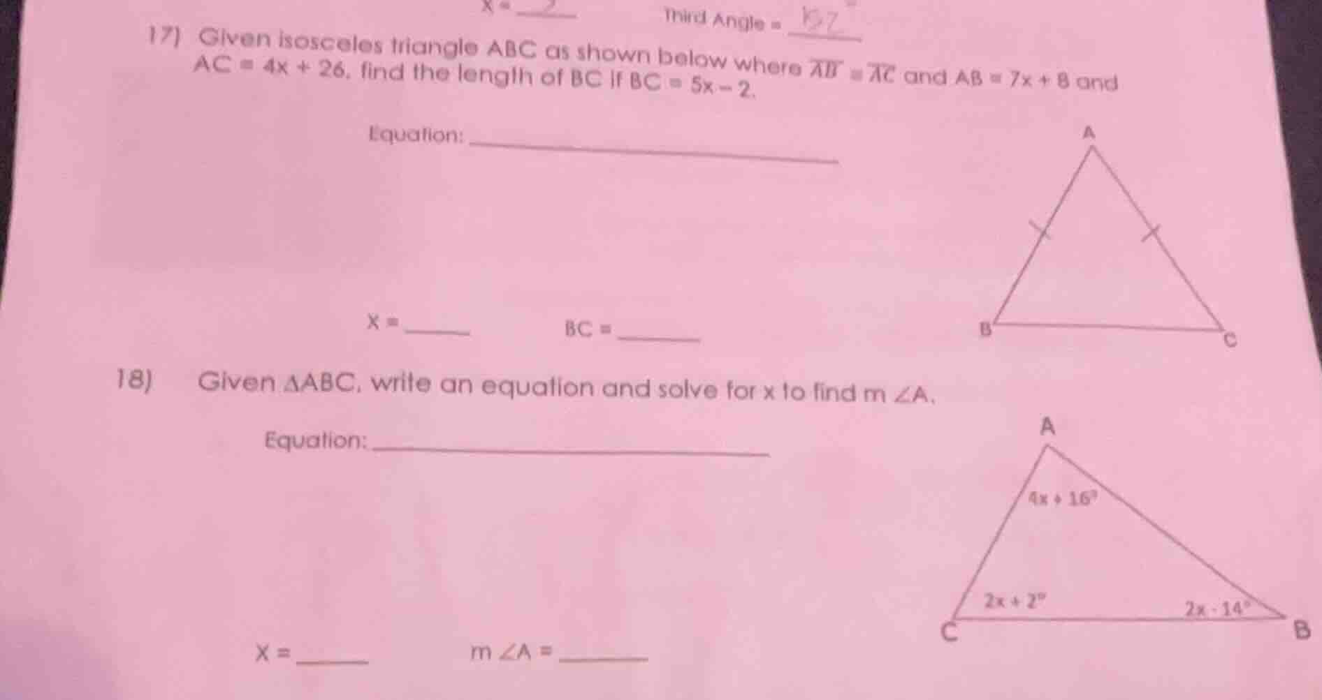 17) given isosceles triangle abc as shown below where \\( \\overline{ab…
