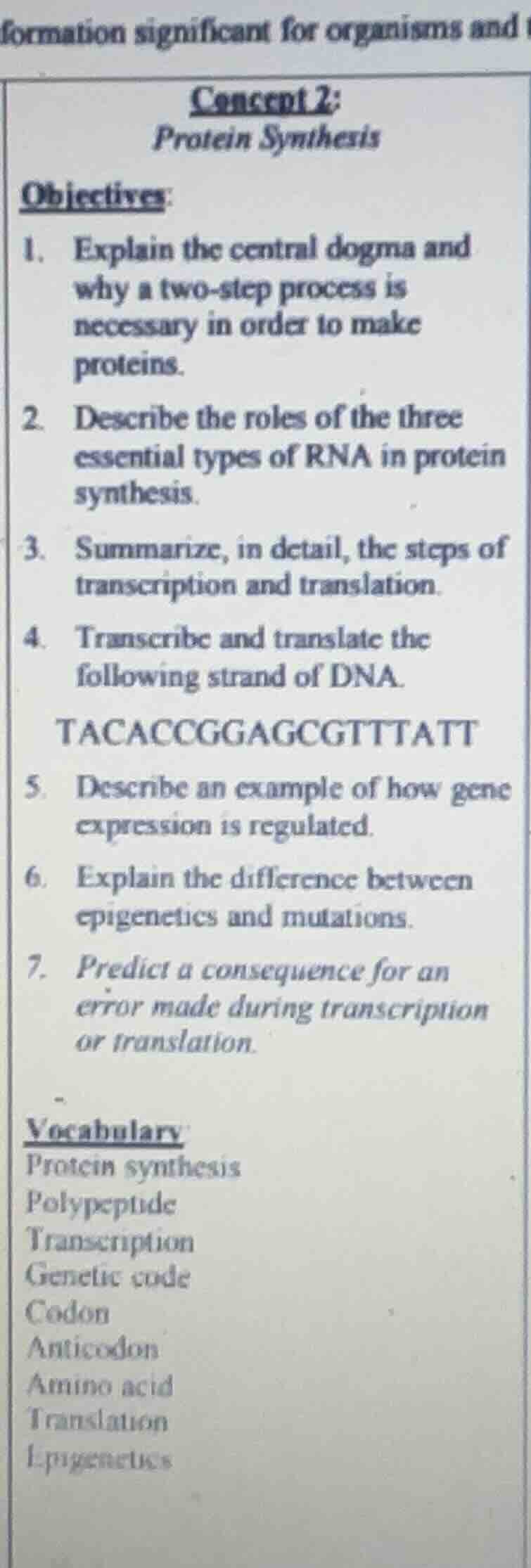 concept 2: protein synthesis objectives: 1. explain the central dogma a…