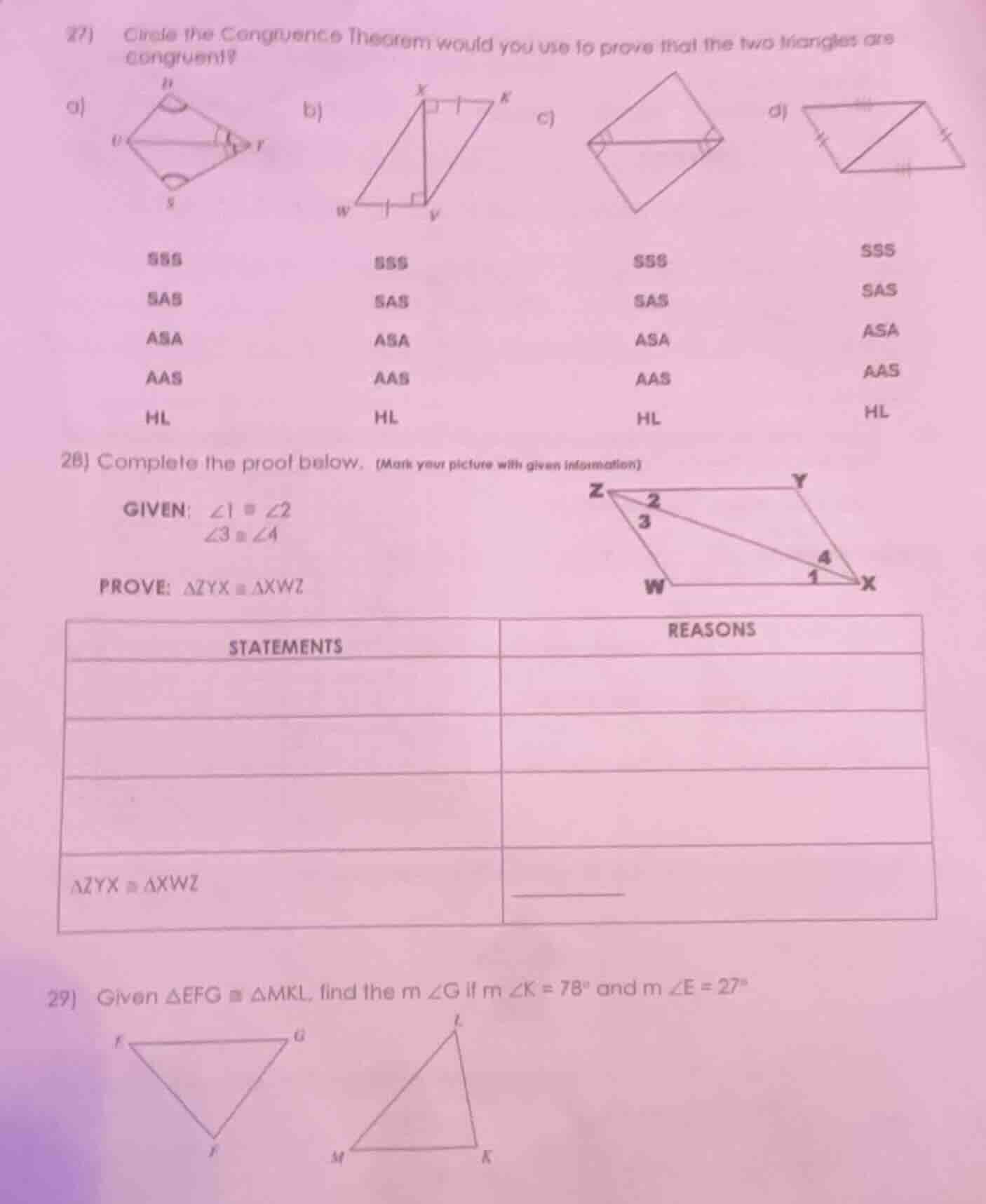 27) circle the congruence theorem would you use to prove that the two t…
