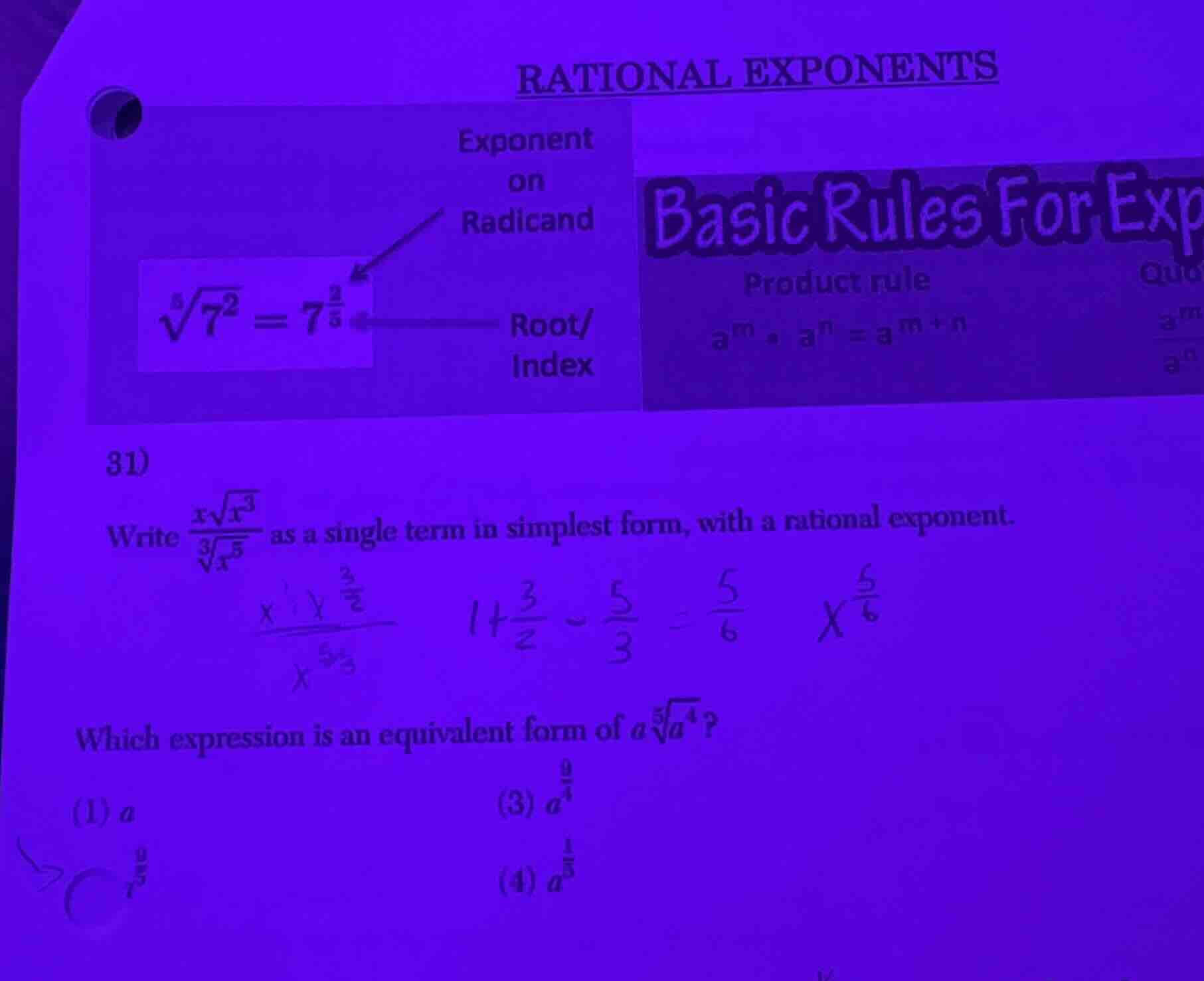 rational exponents exponent on radicand \\(\\sqrt5{7^2} = 7^{\\frac{2}{…