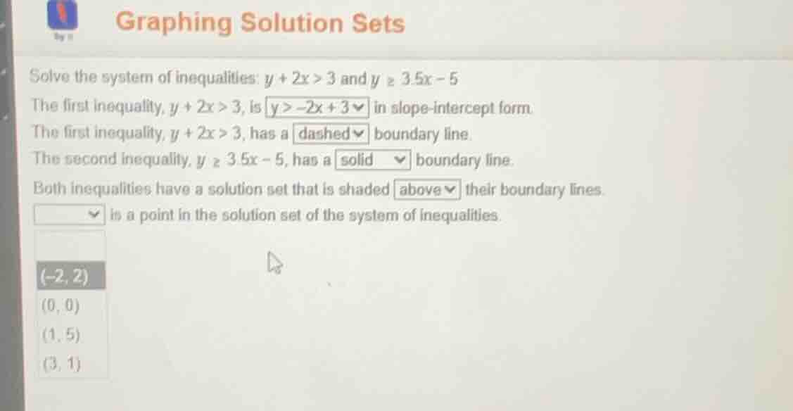 graphing solution sets solve the system of inequalities: ( y + 2x > 3 )…