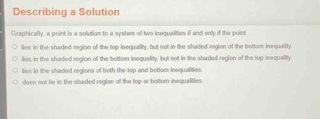 describing a solution graphically, a point is a solution to a system of…