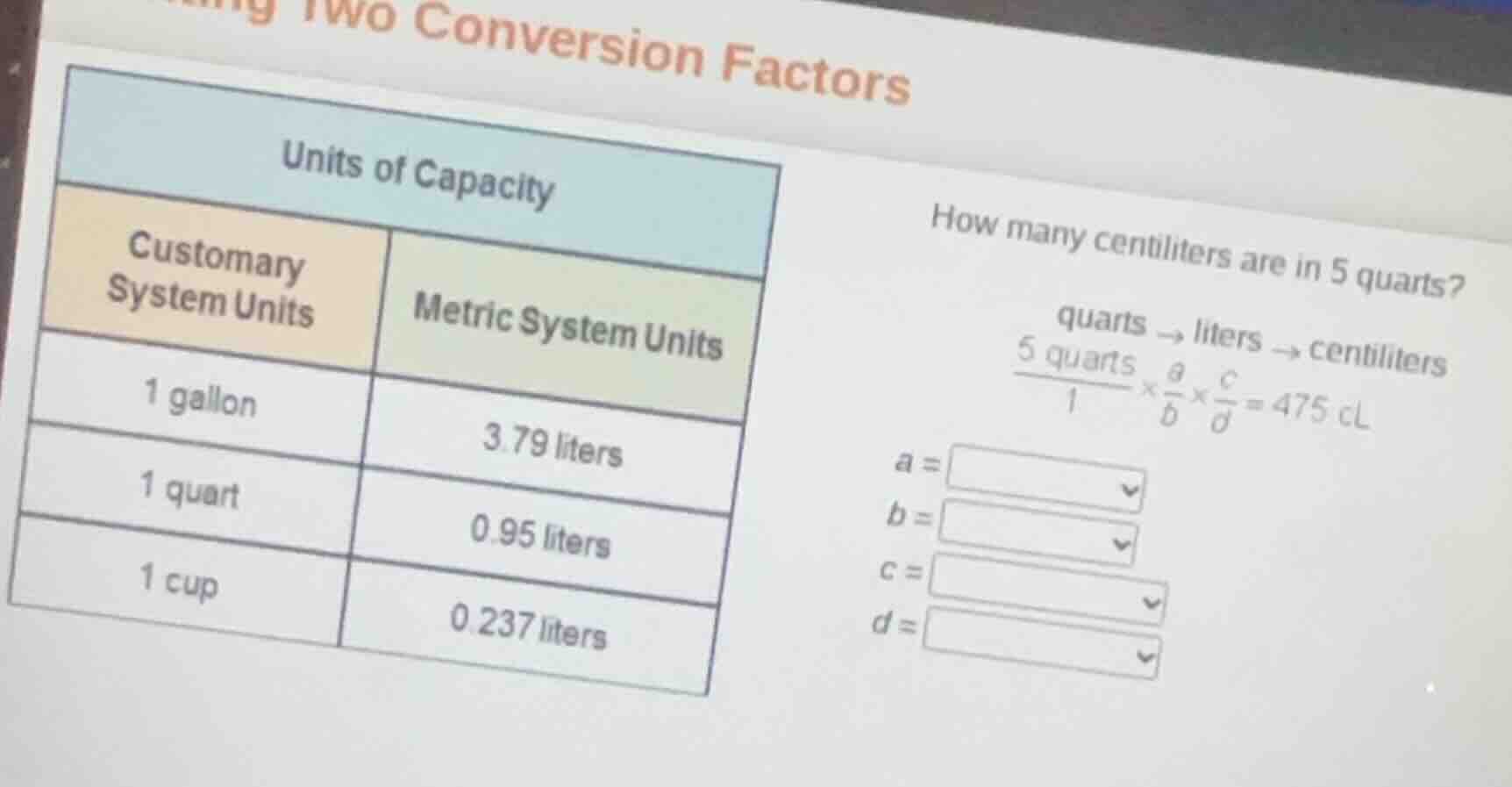 two conversion factors units of capacity customary system units metric …