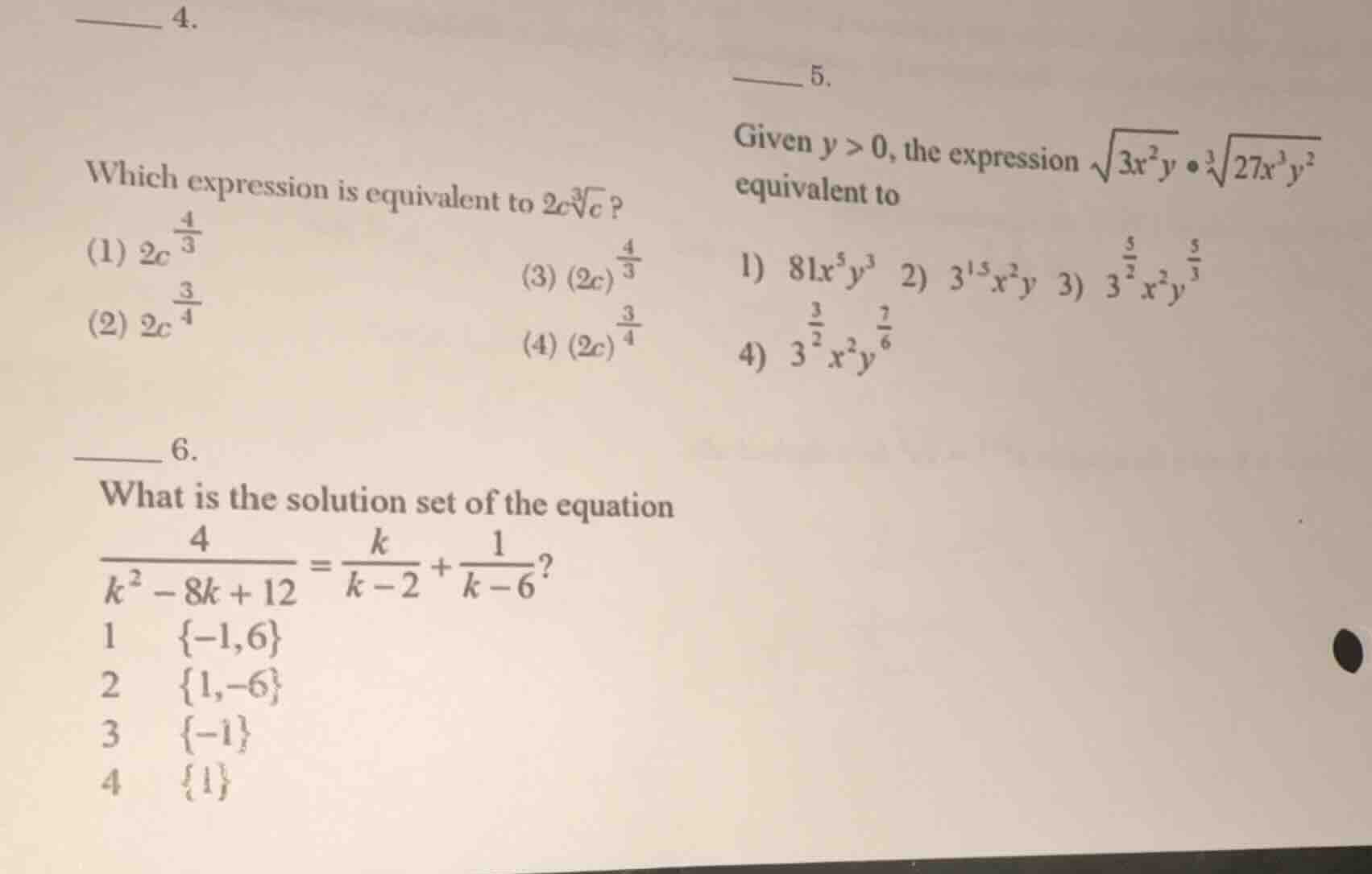 4.\ ewline which expression is equivalent to $2c\\sqrt3{c}$?\ ewline (1…