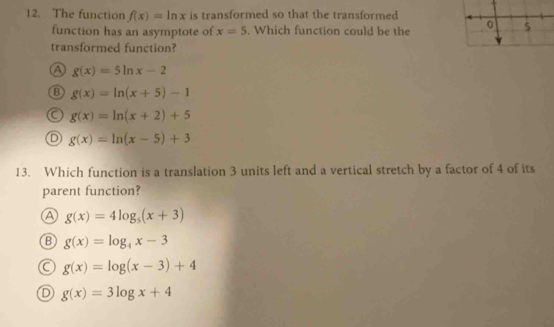 12. the function ( f(x)=ln x ) is transformed so that the transformed f…