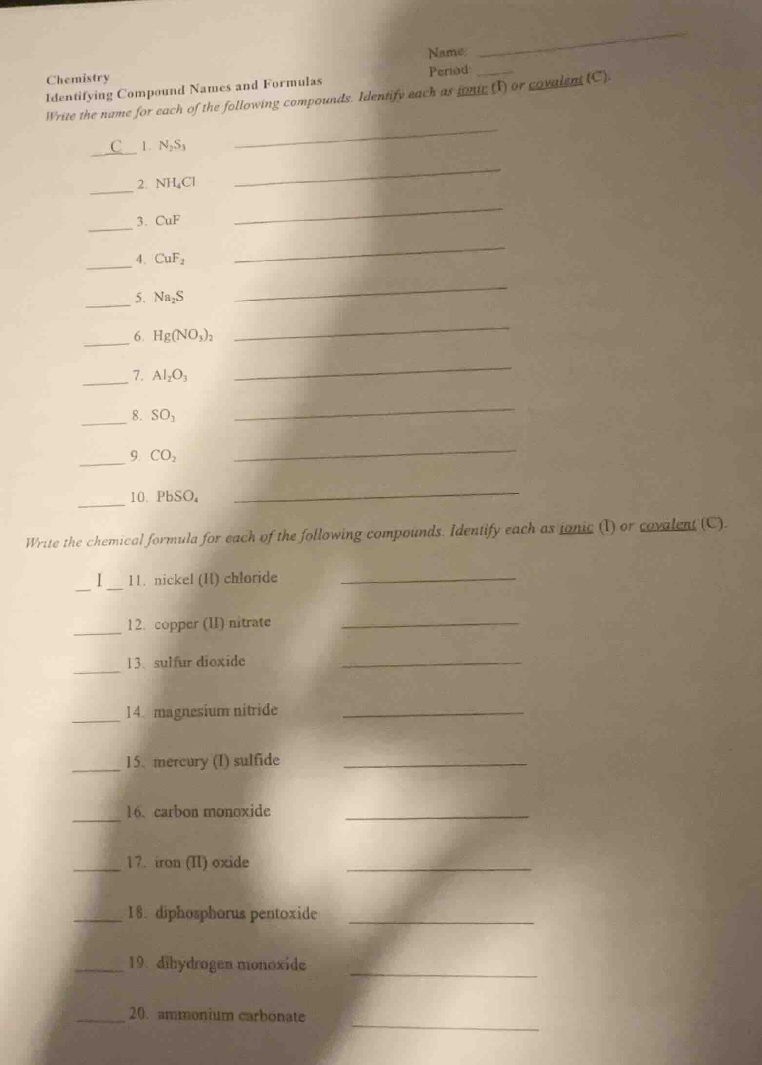 chemistry identifying compound names and formulas write the name for ea…
