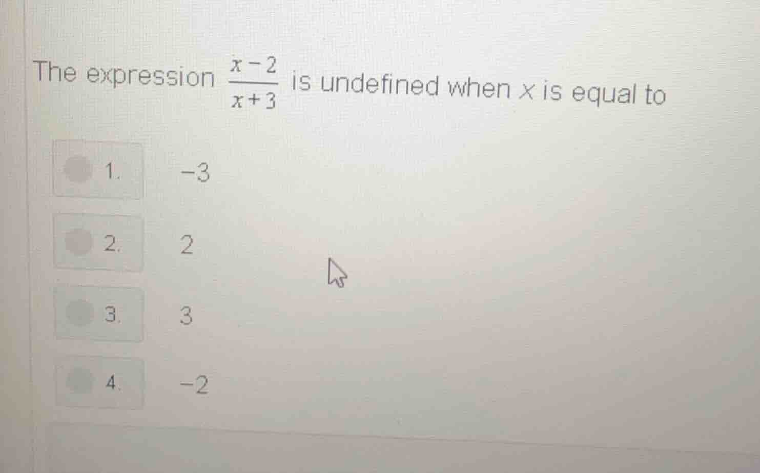 the expression \\(\\frac{x - 2}{x + 3}\\) is undefined when \\(x\\) is …