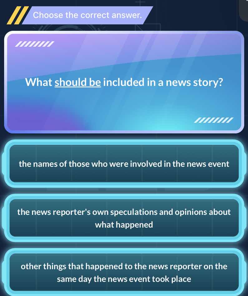 choose the correct answer. what should be included in a news story? the…