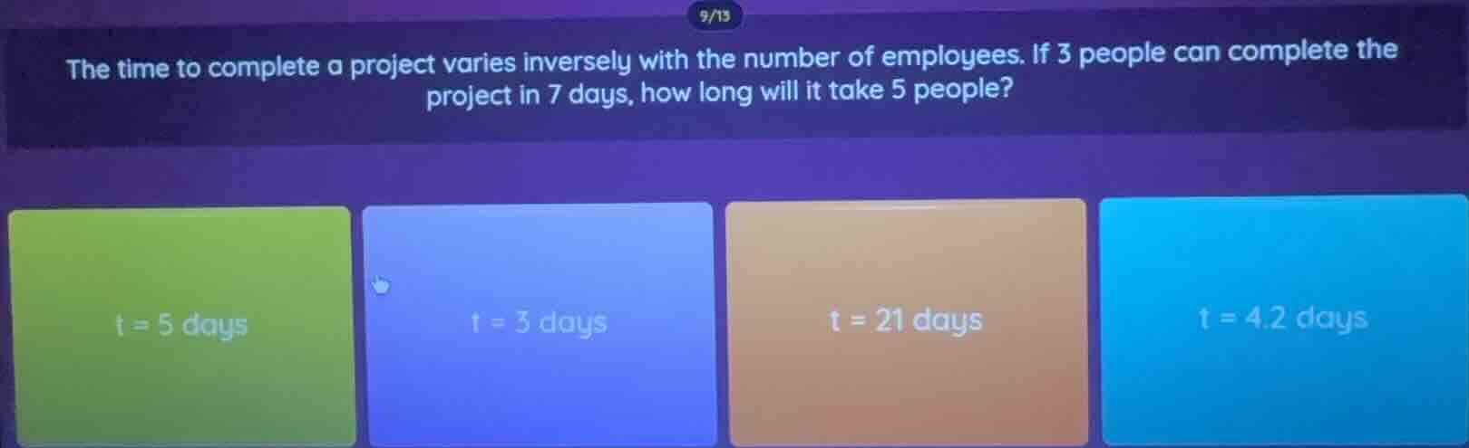 the time to complete a project varies inversely with the number of empl…