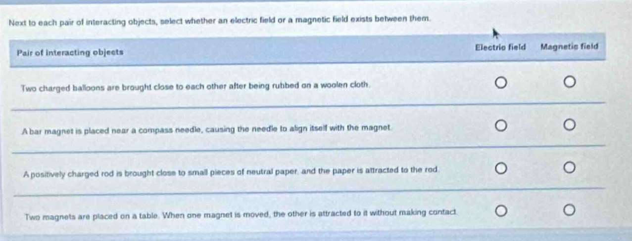 next to each pair of interacting objects, select whether an electric fi…