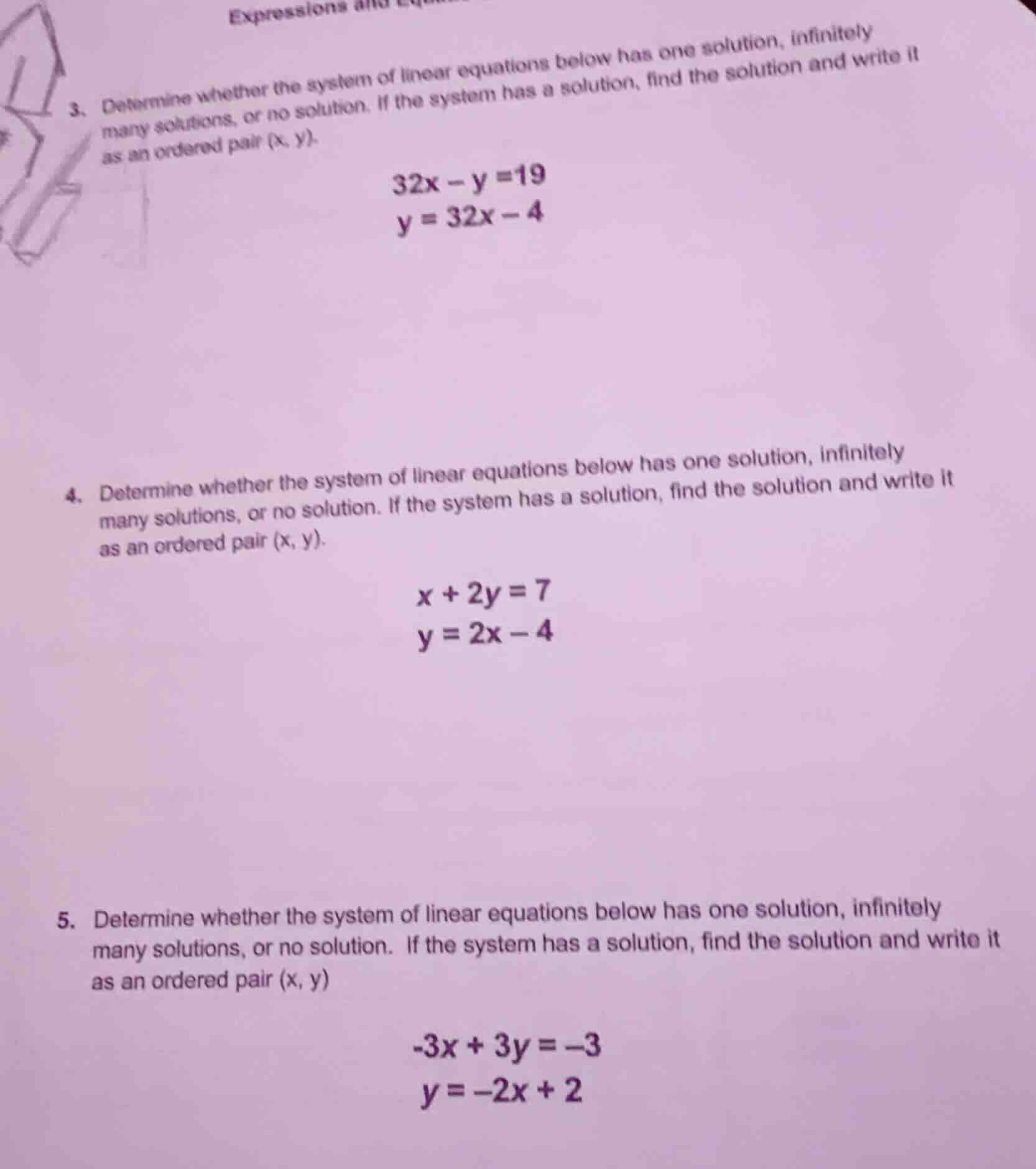 3. determine whether the system of linear equations below has one solut…