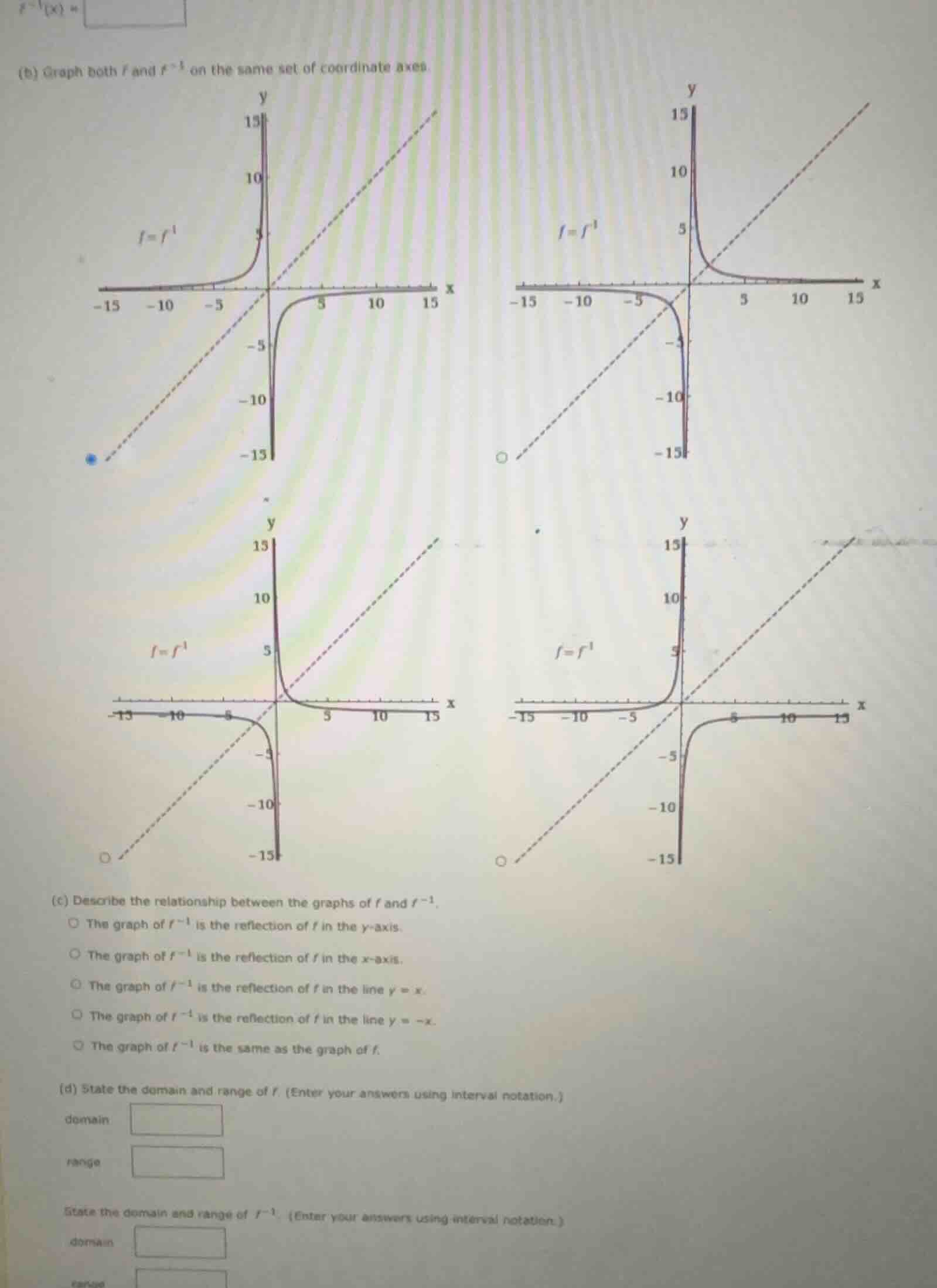 (b) graph both ( f ) and ( f^{-1} ) on the same set of coordinate axes.…