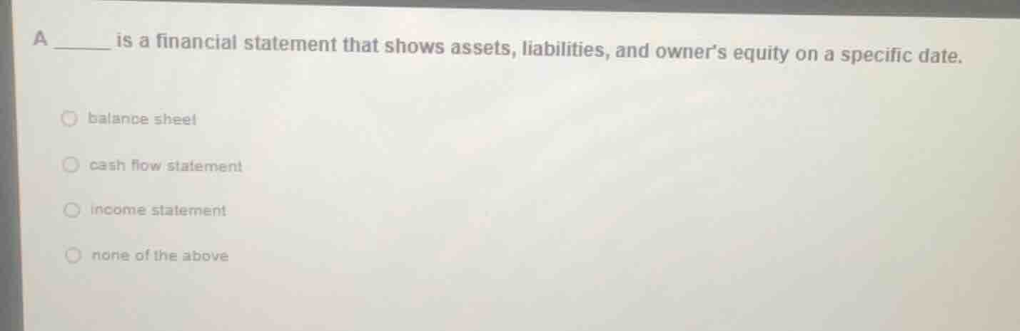 a ______ is a financial statement that shows assets, liabilities, and o…