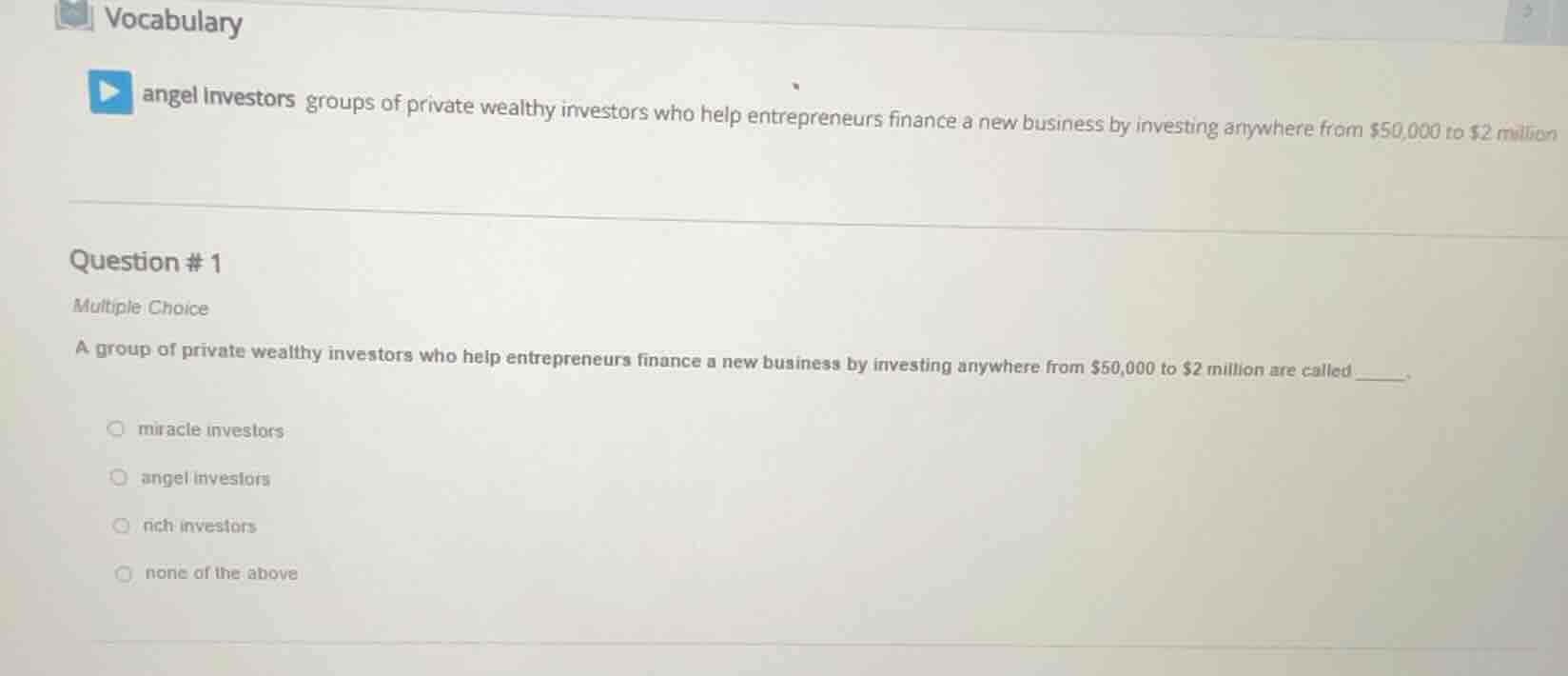 vocabulary angel investors groups of private wealthy investors who help…