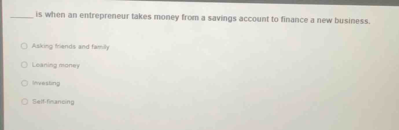 _____ is when an entrepreneur takes money from a savings account to fin…