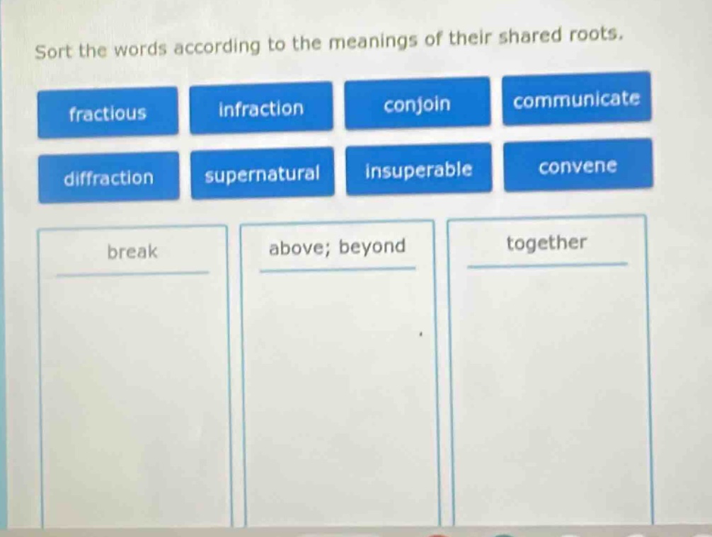 sort the words according to the meanings of their shared roots. fractio…