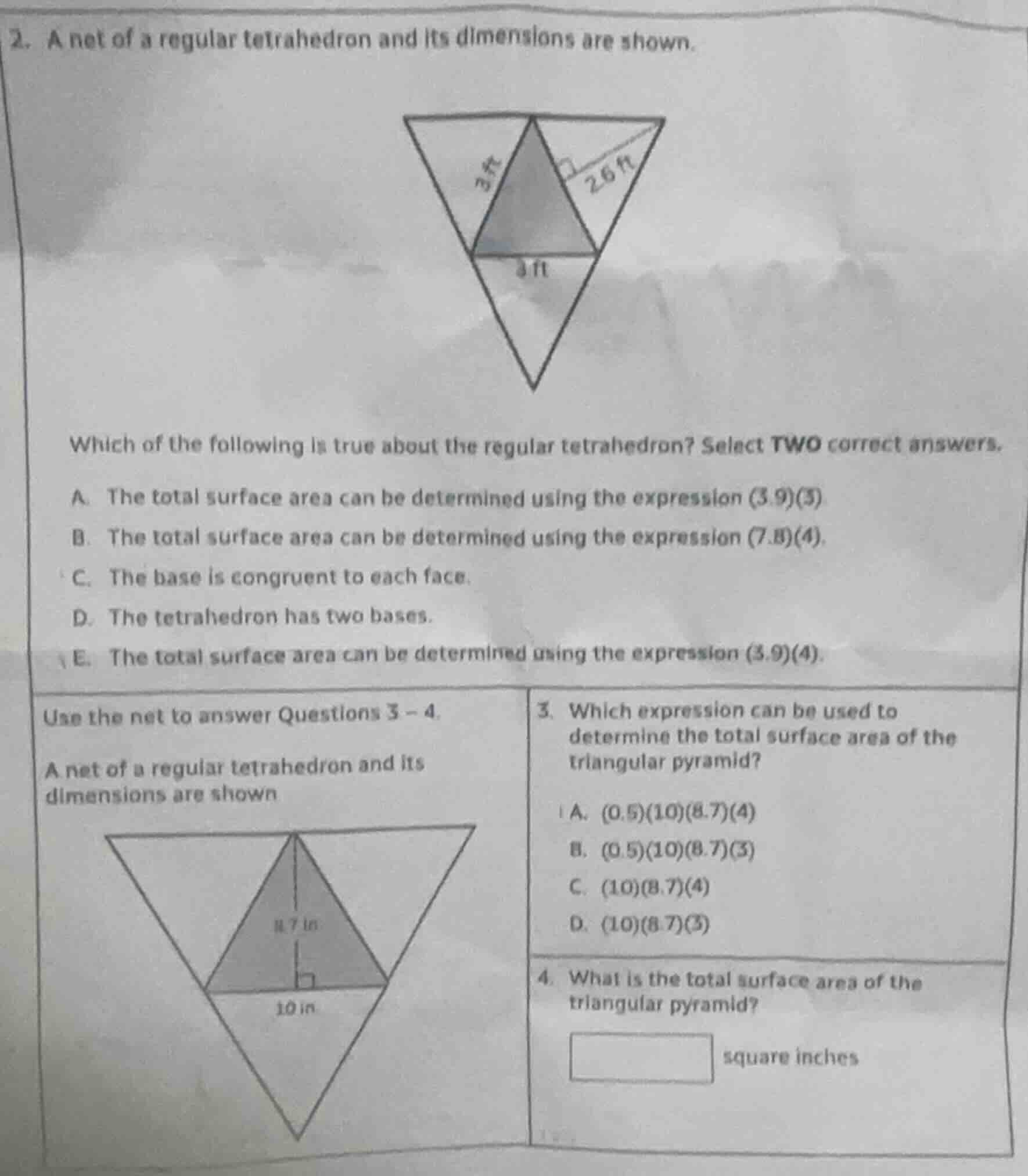 2. a net of a regular tetrahedron and its dimensions are shown. which o…