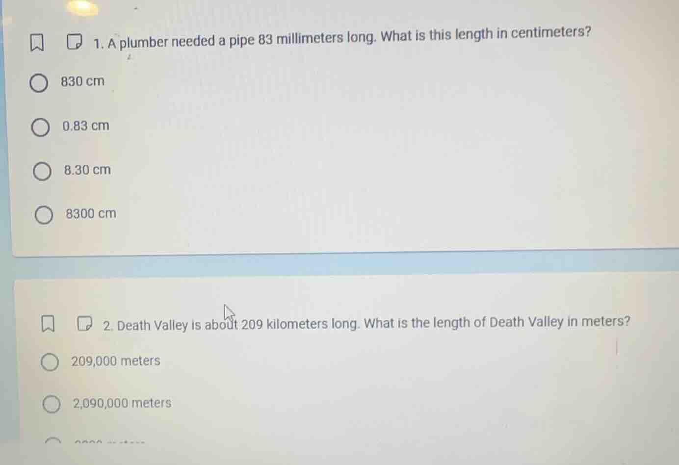 1. a plumber needed a pipe 83 millimeters long. what is this length in …