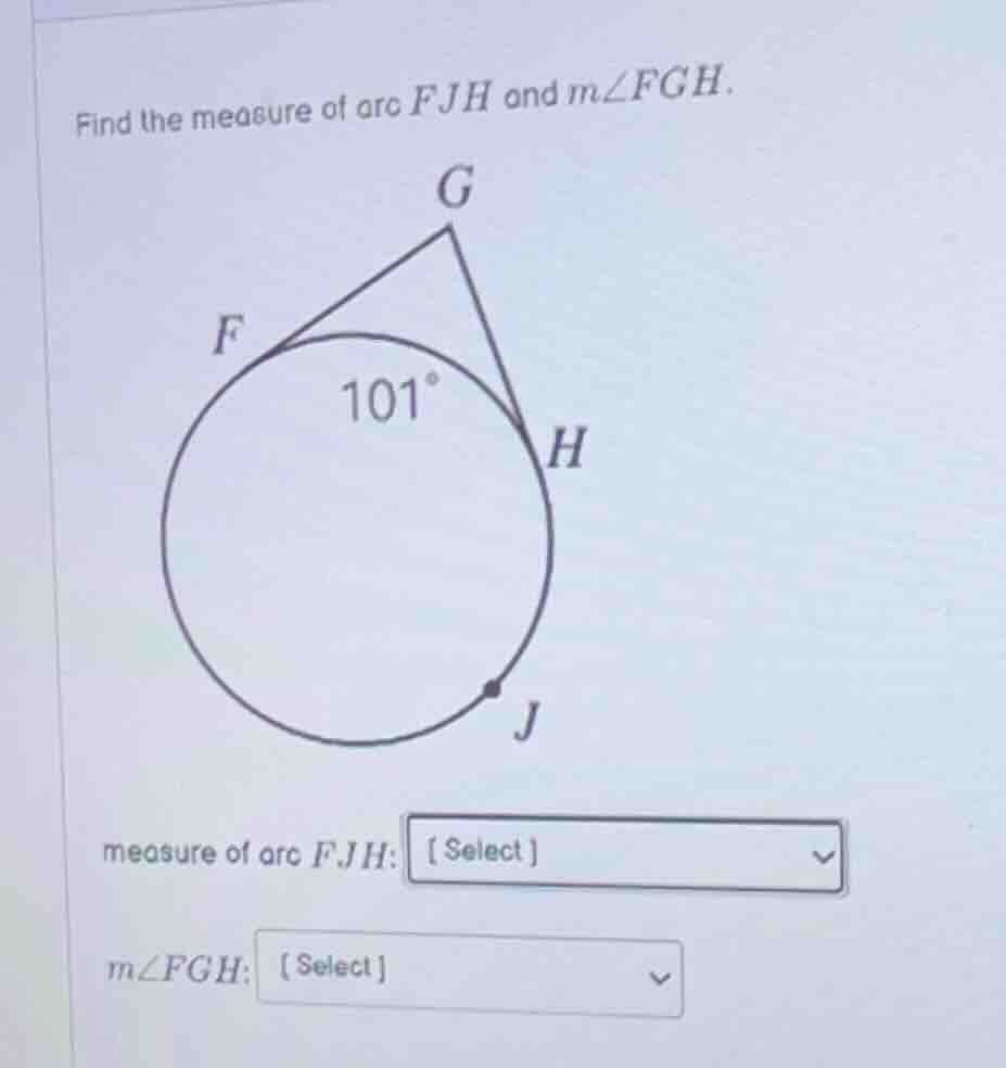 find the measure of arc fjh and ( mangle fgh ). measure of arc fjh: sel…