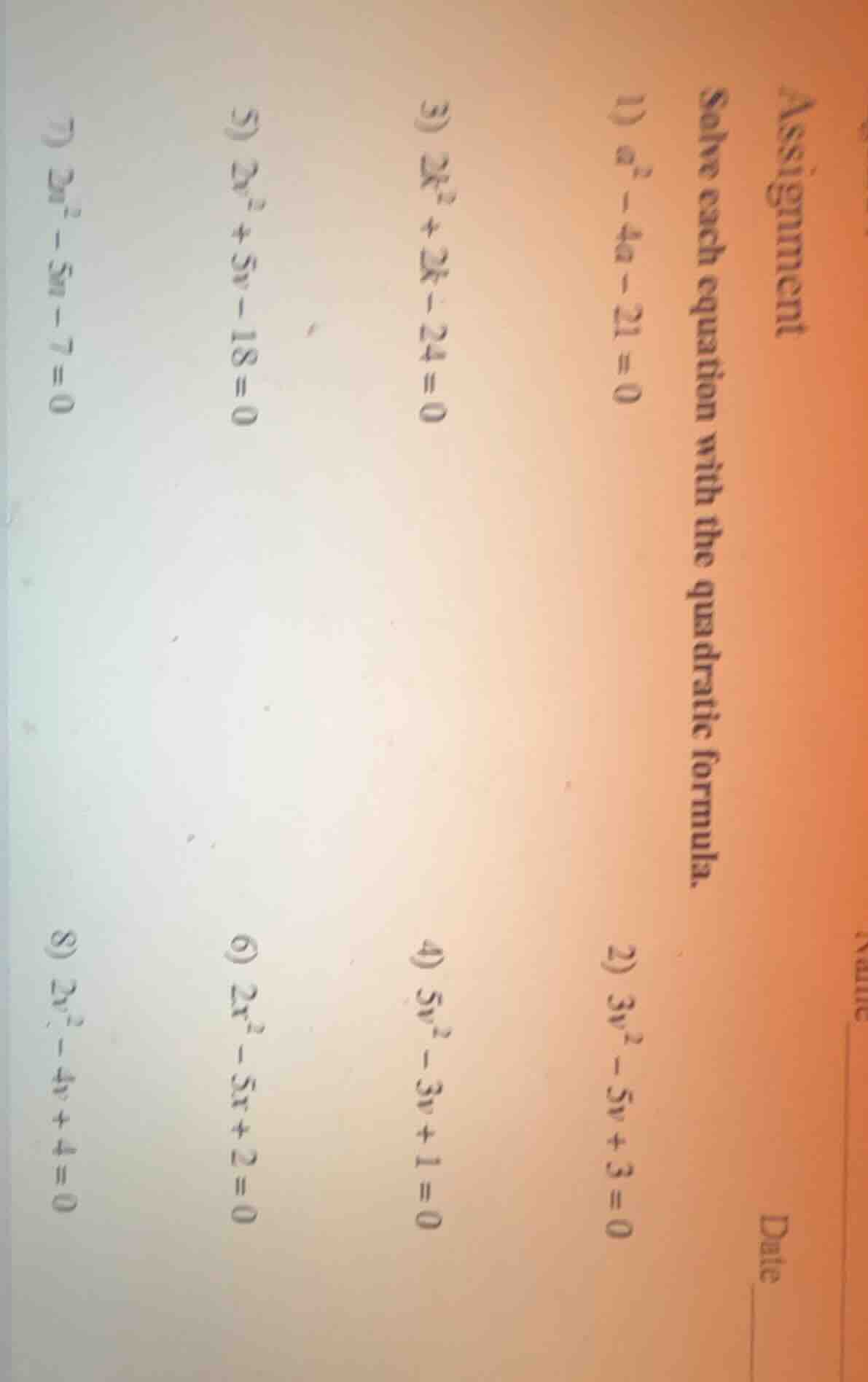 assignment solve each equation with the quadratic formula. 1) ( a^2 - 4…
