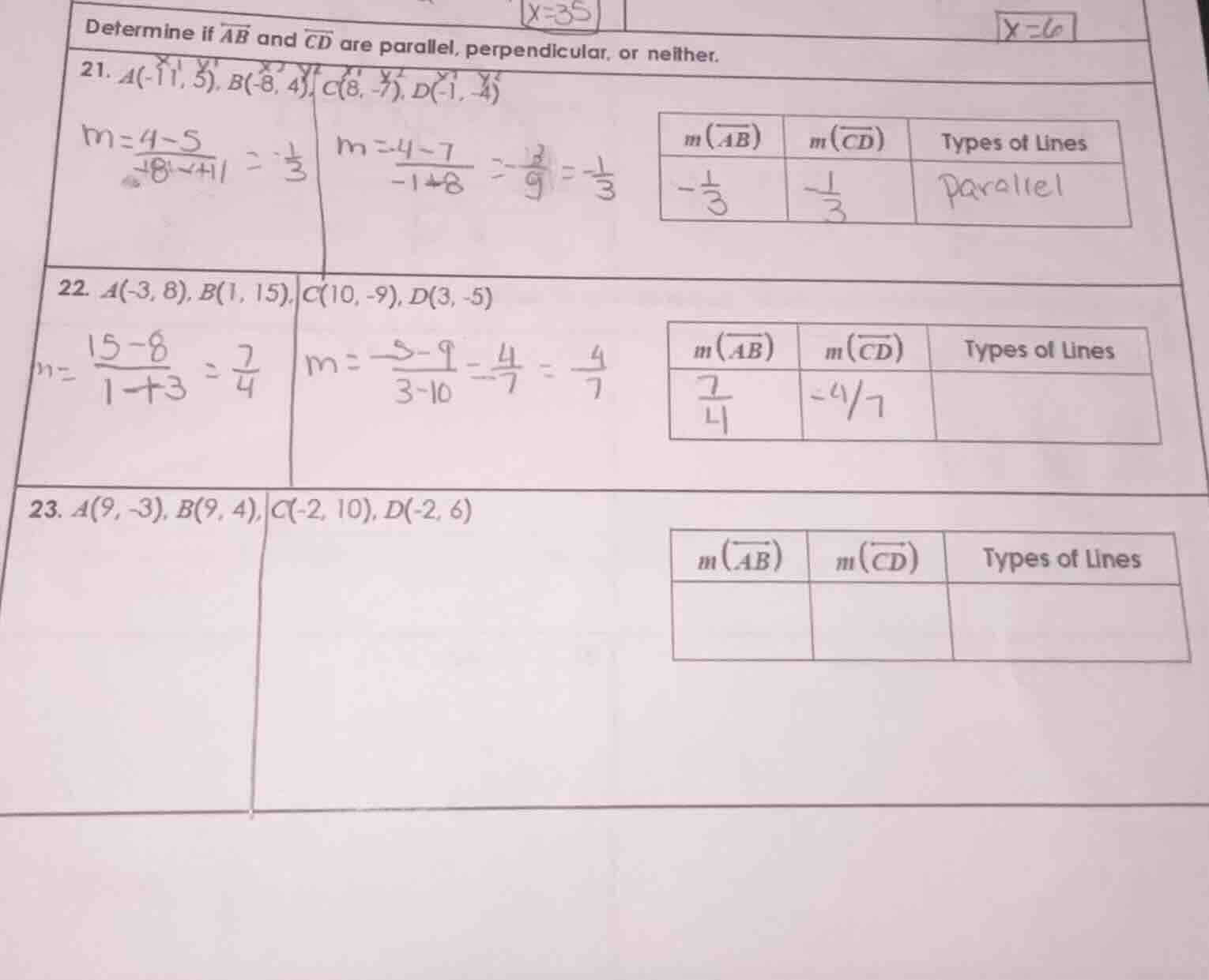 determine if $overline{ab}$ and $overline{cd}$ are parallel, perpendicu…