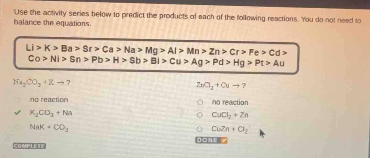 use the activity series below to predict the products of each of the fo…