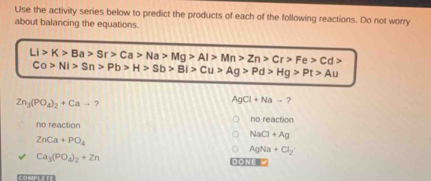 use the activity series below to predict the products of each of the fo…