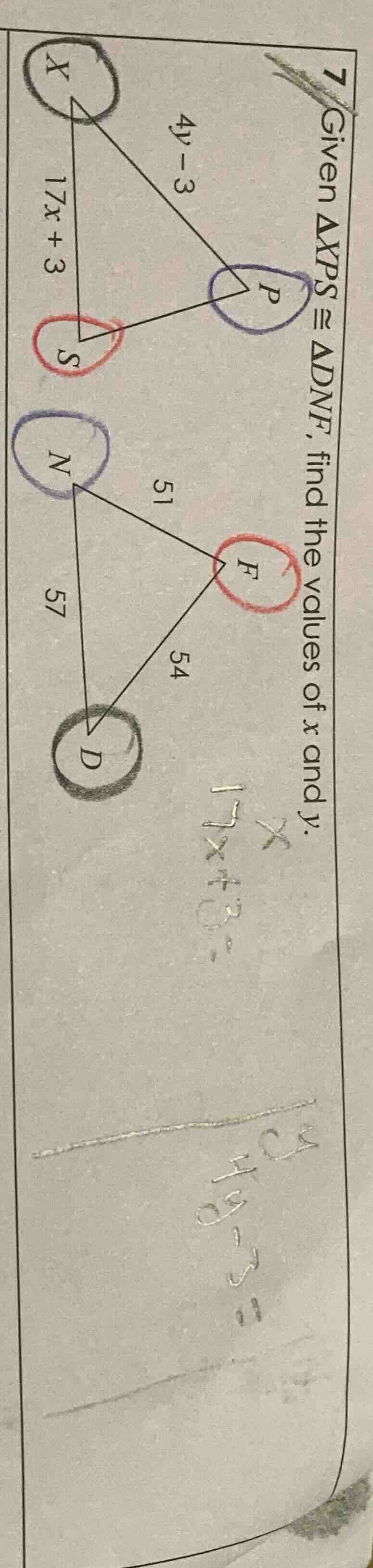 7 given \\(\\triangle xps \\cong \\triangle dnf\\), find the values of …