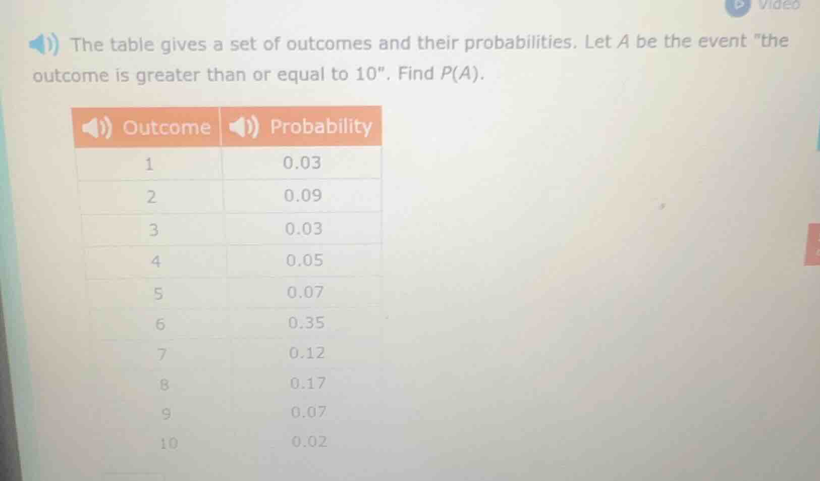 the table gives a set of outcomes and their probabilities. let a be the…