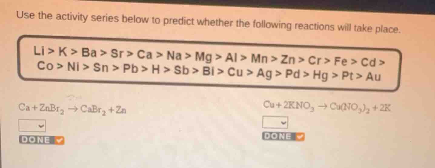 use the activity series below to predict whether the following reaction…