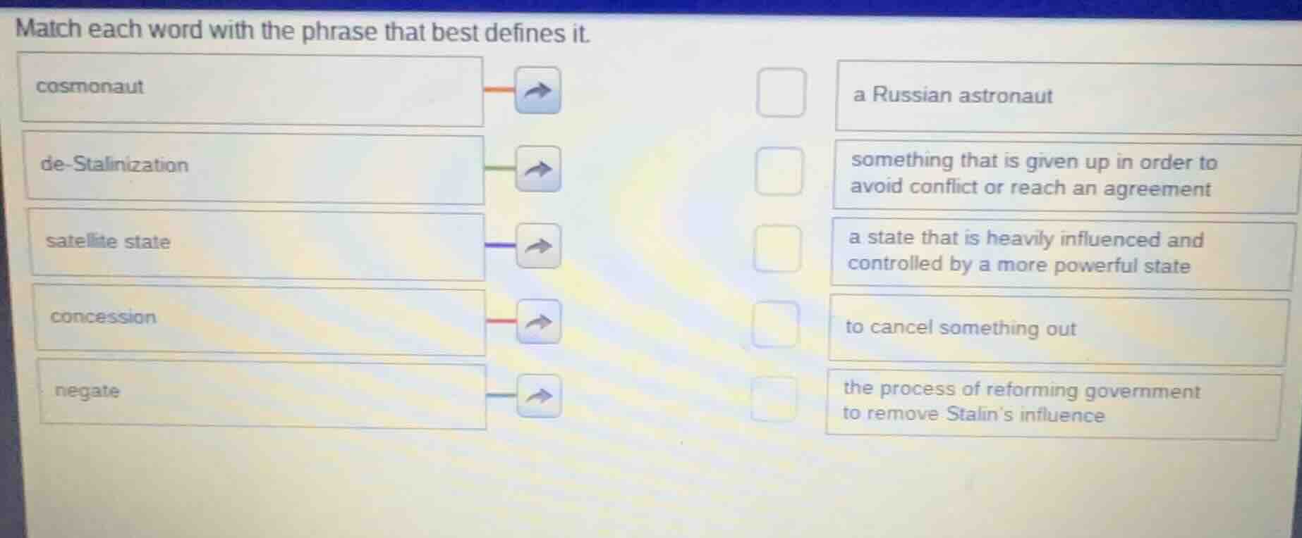 match each word with the phrase that best defines it. cosmonaut de - st…