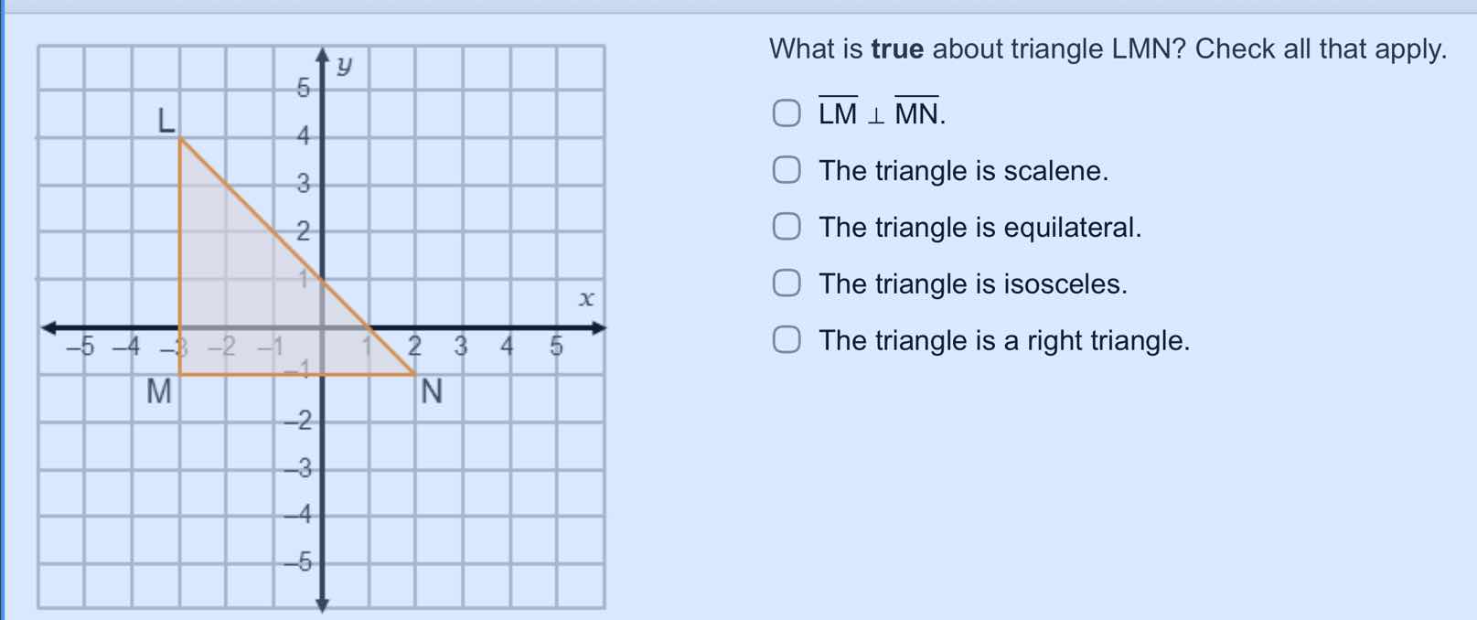 what is true about triangle lmn? check all that apply. \\(\\overline{lm…
