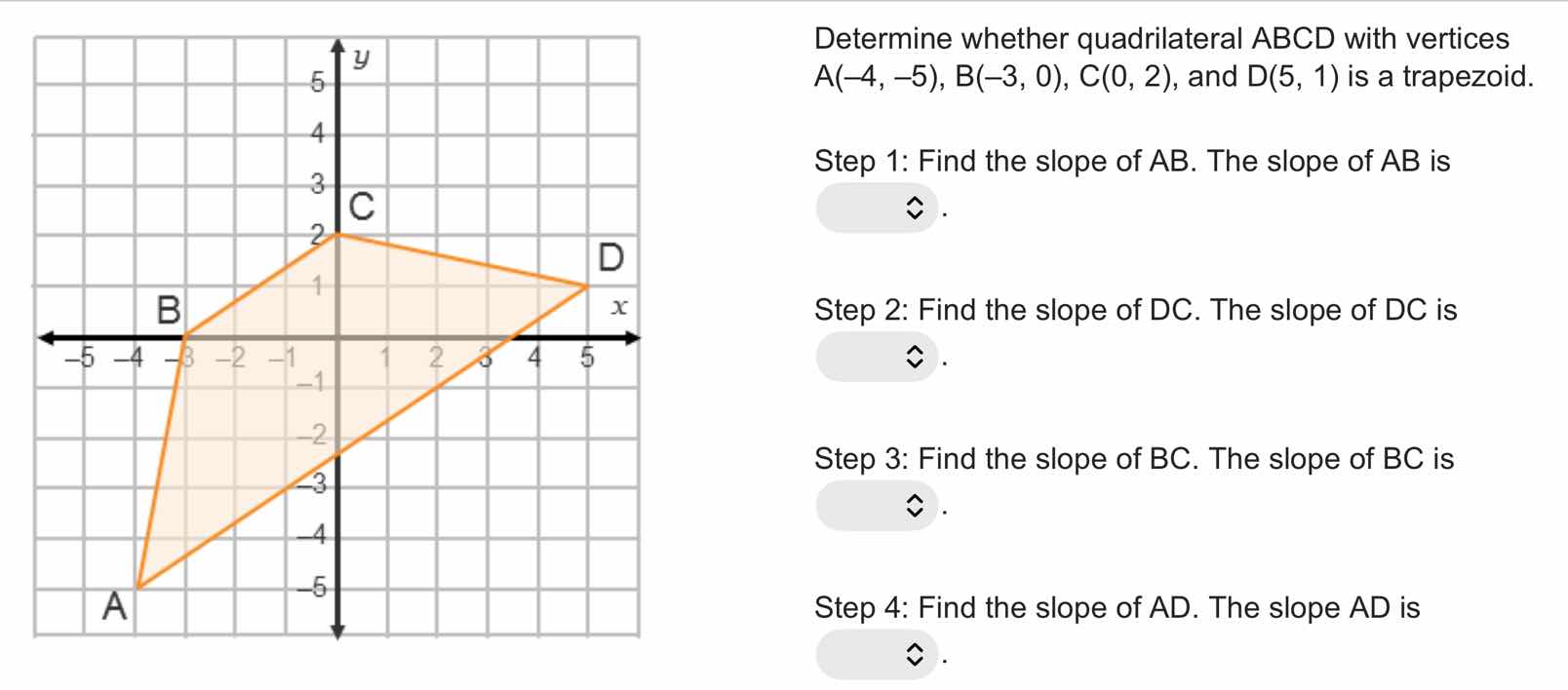 determine whether quadrilateral abcd with vertices a(-4, -5), b(-3, 0),…