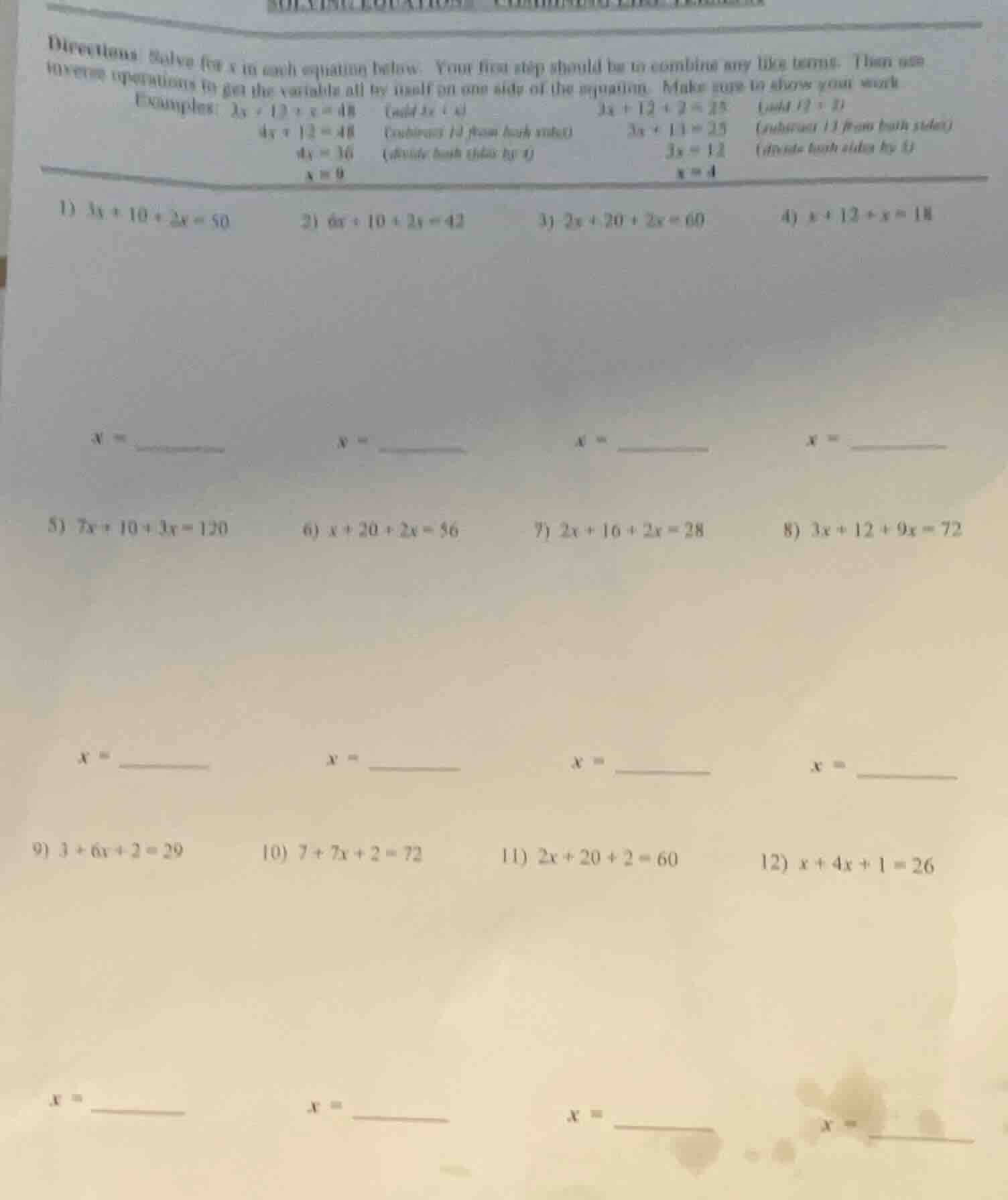 directions: solve for x in each equation below. your first step should …