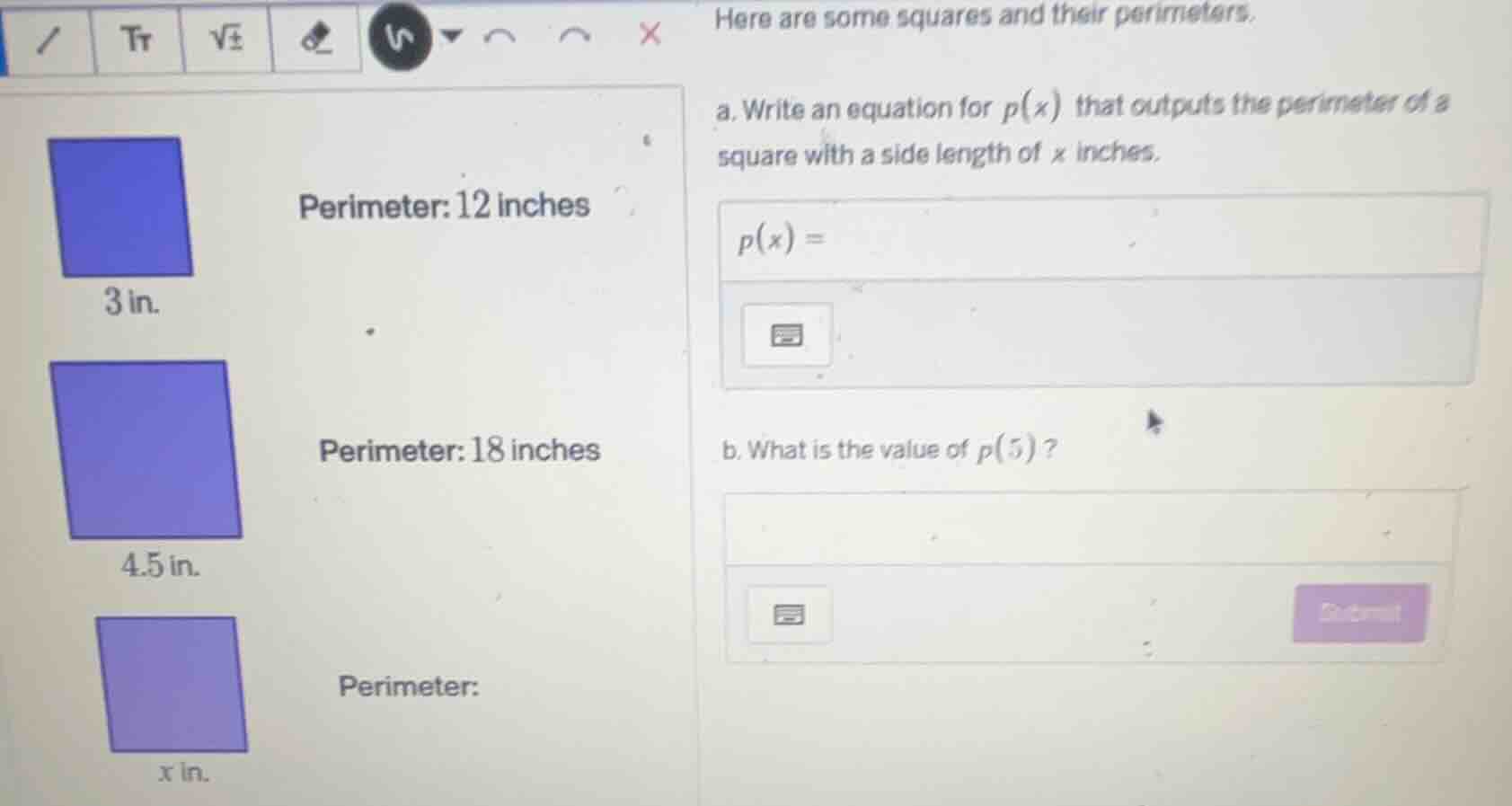 here are some squares and their perimeters. left side (images of square…