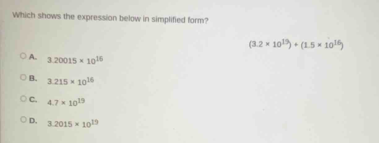 which shows the expression below in simplified form?\\((3.2 \\times 10^…
