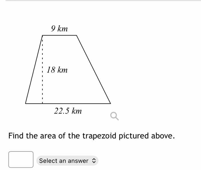 9 km 18 km 22.5 km find the area of the trapezoid pictured above. selec…