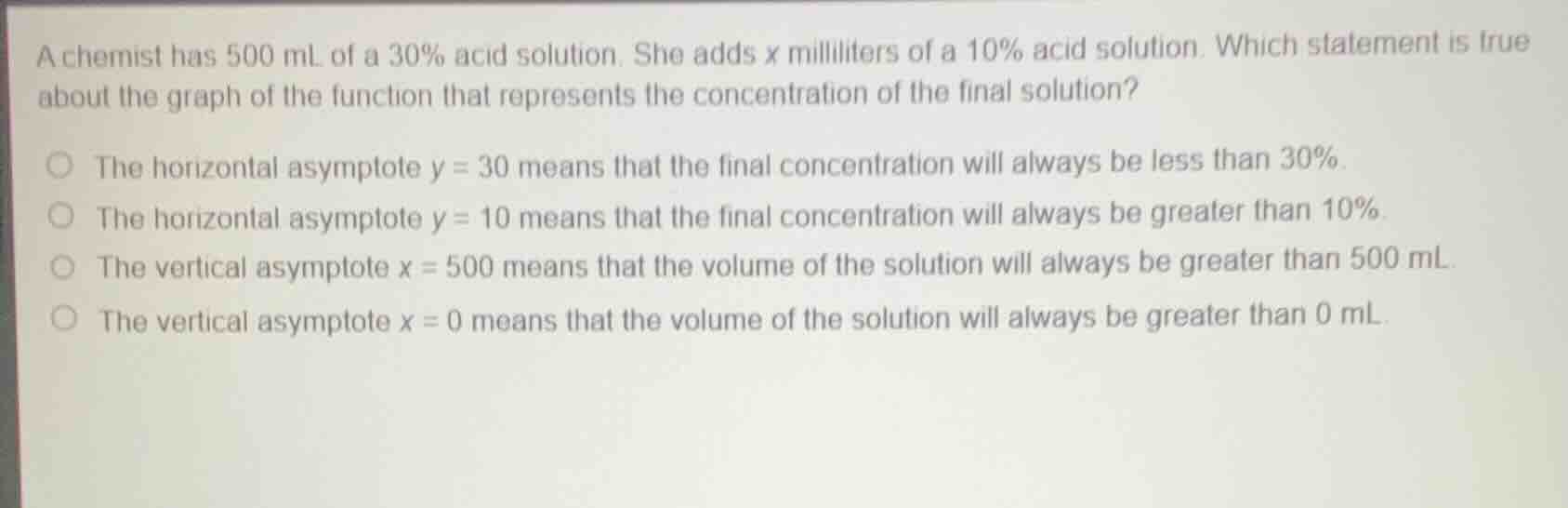 a chemist has 500 ml of a 30% acid solution. she adds x milliliters of …