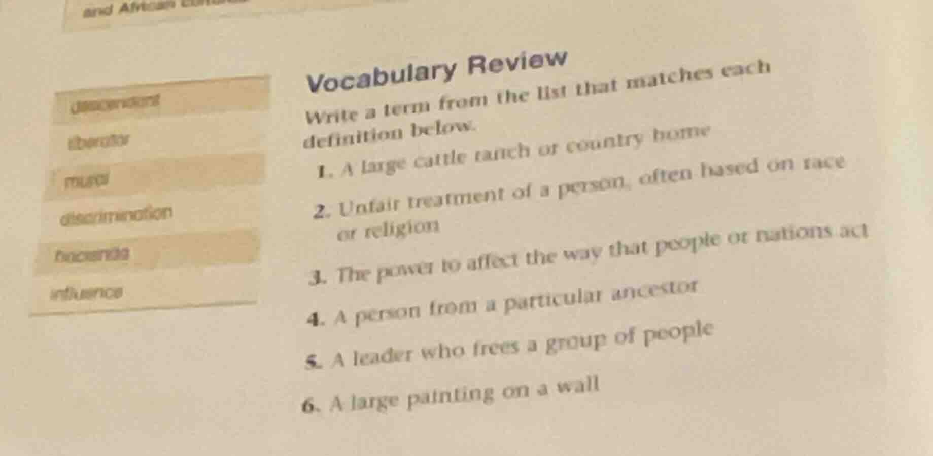 vocabulary review write a term from the list that matches each definiti…