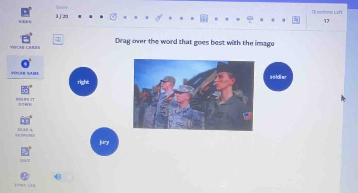 drag over the word that goes best with the image right soldier jury