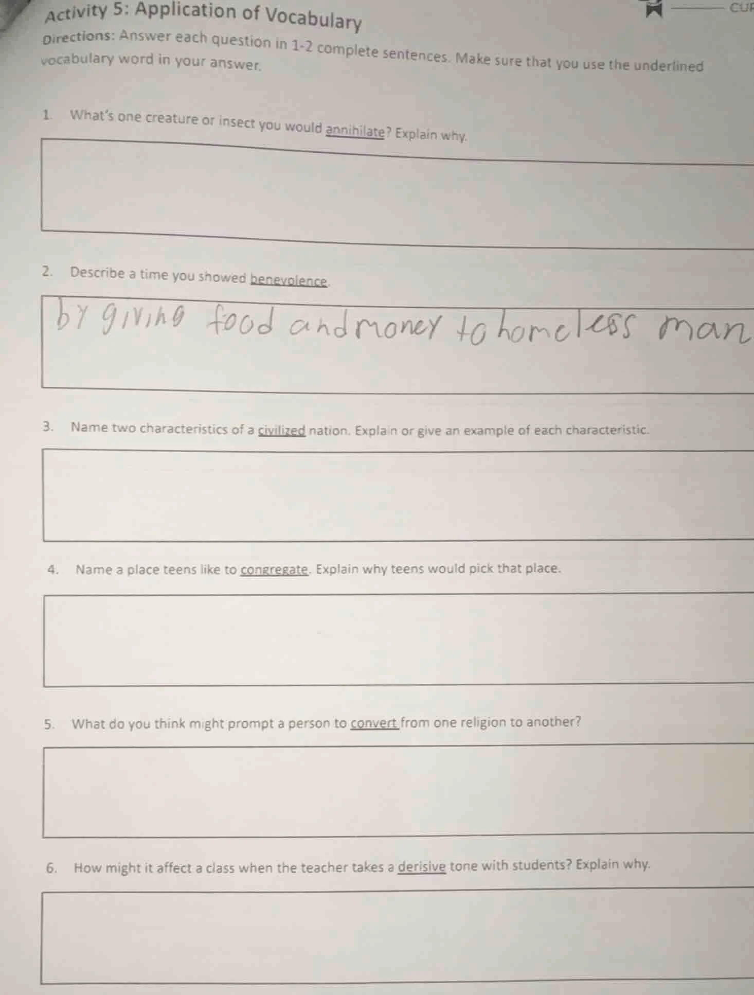 activity 5: application of vocabulary directions: answer each question …