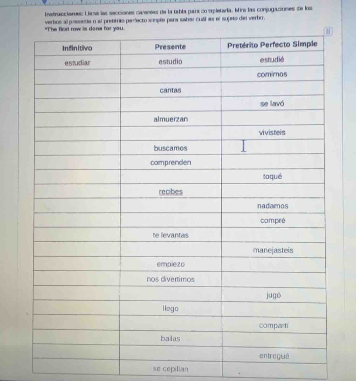 instrucciones: llena las secciones carentes de la tabla para completarl…