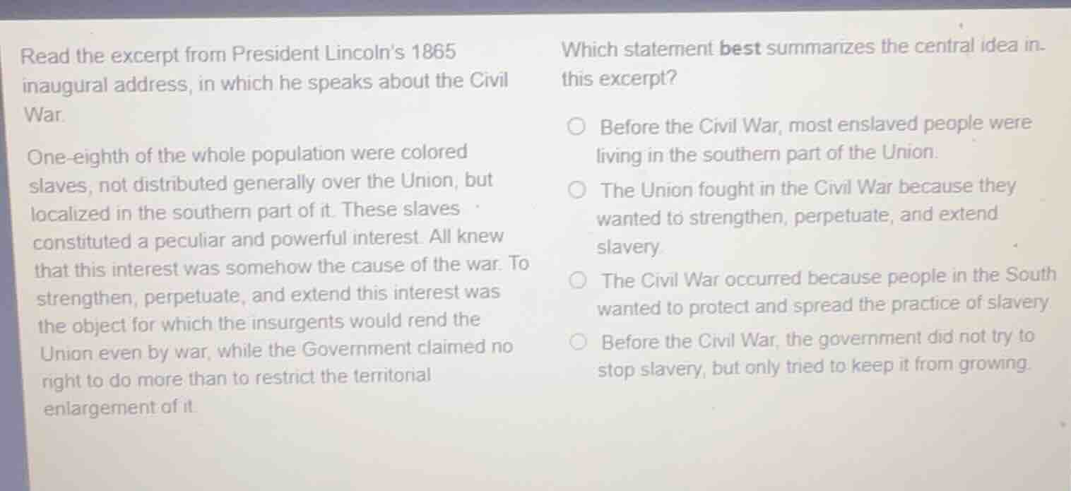 read the excerpt from president lincolns 1865 inaugural address, in whi…
