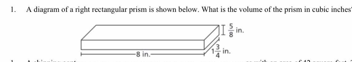 1. a diagram of a right rectangular prism is shown below. what is the v…