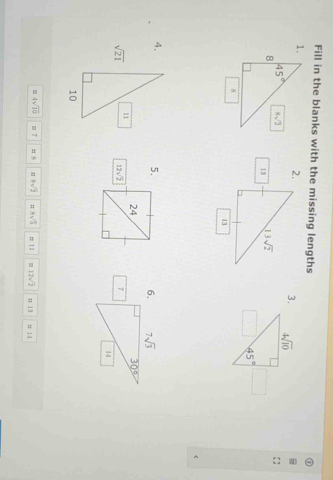 fill in the blanks with the missing lengths 1. 2. 3. 4. 5. 6. options: …