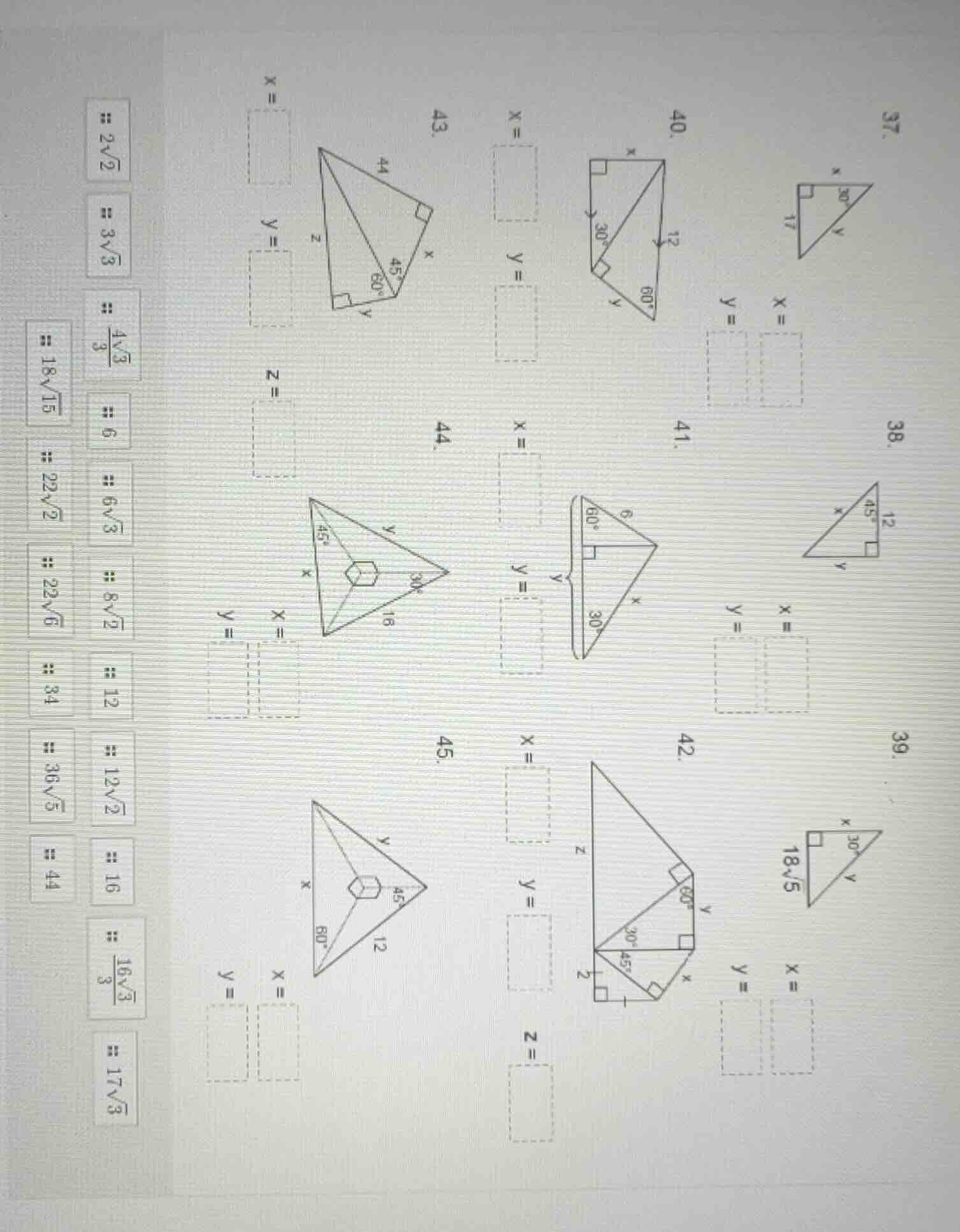 37. 38. 39. 40. 41. 42. 43. x = y = z = 44. x = y = 45. x = y =
