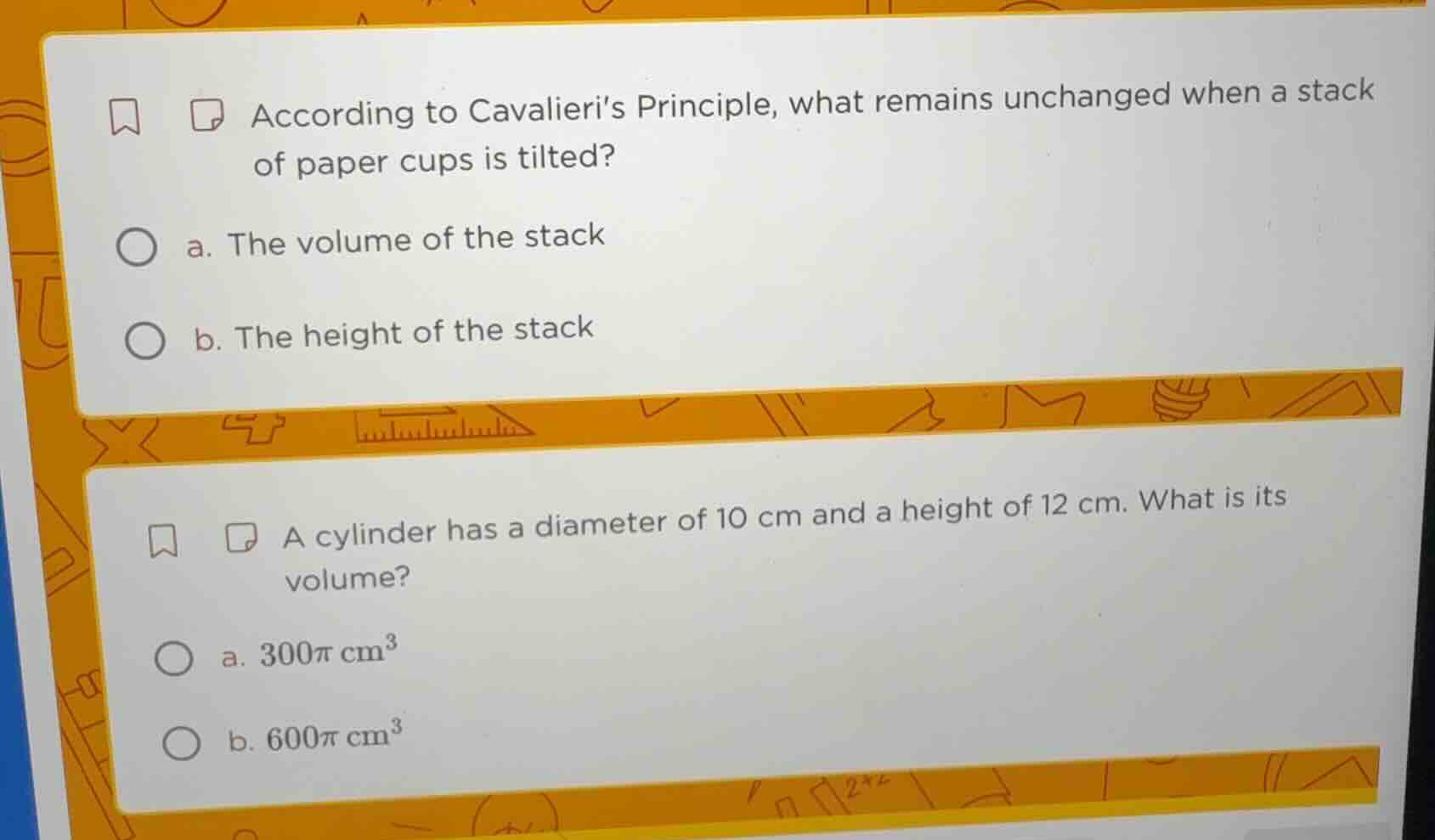 according to cavalieri’s principle, what remains unchanged when a stack…