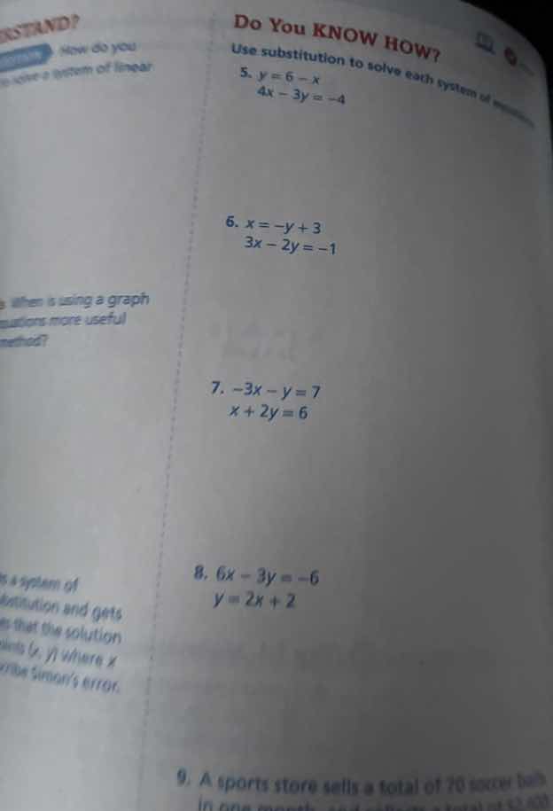 do you know how? use substitution to solve each system of 5. $y = 6 - x…